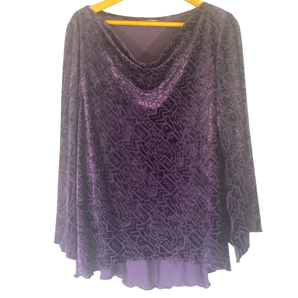 Burnout‎ Velvet Geometric Cowl Neck Top Purple